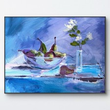 SAMATOWIC Original Abstract Still Life Pears Expressionism 11x14 Blue Signed 300 picture