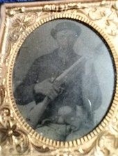 * Antique 1/6th Plate Civil War Confederate Soldier W/Musket And Buckle.     CB1 picture