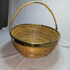 Vintage XL 14” MCM Italian Pencil Reed Rattan & Brass Basket Bowl, Crespi Style picture