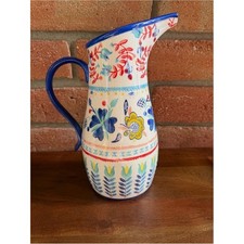 Anthropologie Hand-Painted Floral Ceramic Pitcher - Blue, Yellow & Red picture