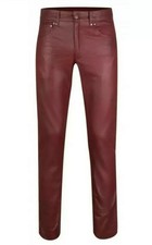 Men's Genuine Leather Pant Jeans Style 5 Pockets Motorbike Burgundy Pants New picture
