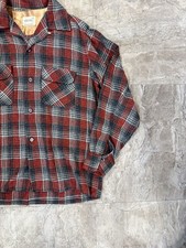 Vintage 1960s Penneys Towncraft Plus Loop Collar Red Plaid Flannel Shirt Sz M picture