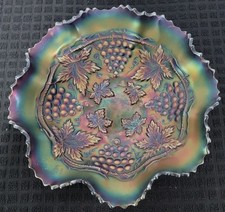 • Antique Northwood Grape and Cable Amethyst Carnival Glass Bowl 8.5