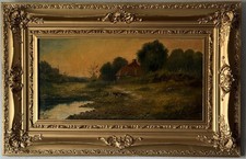 EXQUISITE ANTIQUE 19TH CENTURY EUROPEAN LANDSCAPE OIL PAINTING OLD TONALISM 1890 picture