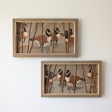 Vintage Theodore DeGroot Wood Lath Art Canada Geese Marsh Reed Pair 2 Plaques  picture