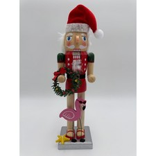 Tropical Beach Santa Nutcracker with Flamingo Wreath and Starfish Decor picture