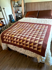 Vintage Handmade Triangle Patchwork Quilt 50x46 Burgundy Cream Lap Throw picture