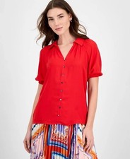 Tahari Women’s Georgette Split‑Neck Blouse Apple Red S $78 NWT picture