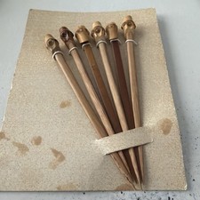 Vtg Hand Carved Wooden Hair Stick & Textile Bobbin Pin Lot 6pc Folk Art 3”-5” picture
