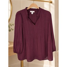 J.Jill Plum Pleated Ruffle Neck Oversized Blouse Size Small Burgundy picture