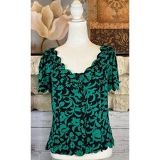 Maeve Anthropologie Green Black Damask Scalloped Button Front Blouse Size 10 picture