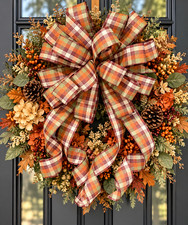 Fall Plaid Bow, Autumn Wreath Bow, Orange Burgundy Sage Green Gingham Bow picture