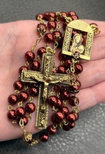 Vintage Ornate Rosary Bead Necklace Cross Red Faux Pearl Gold Tone 28” picture