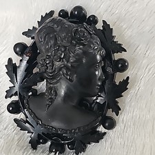 ANTIQUE VICTORIAN VULCANITE CAMEO BROOCH PIN MOURNING Womens Head Laurel Wreath picture