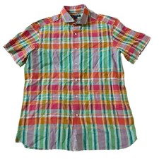 Cremieux Madras Multi Plaid Shirt Short Sleeve Men's Large Made In India New picture