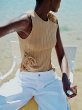 Zara Beige Ribbed Knit Tank Top Sleeveless Ruffle Lace Trim Women’s S picture