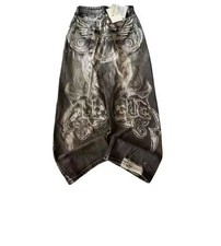 Y2K Baggy Black Denim Jeans White Gothic Tribal Graphic Wide Leg picture