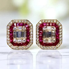 fine 3.50 Ct Emerald Red Diamond & Ruby Cluster Stud Earrings 14k Gold Plated picture