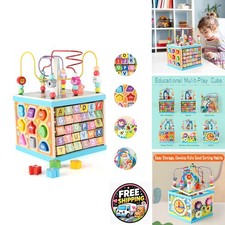 Qilay 5-in-1 Wooden Activity Cube for Toddlers 1-3 Large with Bead Maze & Shape picture