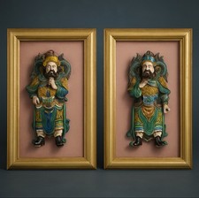 Pair Early 20th C. Qing Dynasty Chinese Warrior Glazed Porcelain Roof Tiles Rare picture