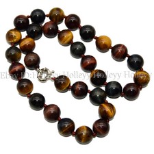 12mm Round Genuine Natural Multicolor Tiger's Eye Gemstone Beaded Necklace 24'' picture