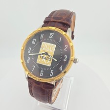 Vtg 1990s FOSSIL Mens Watch Pike Corp. 50th Anniversary Leather Gold Plate 7.75