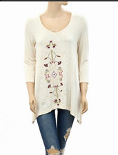 Soft Surroundings Ivory Floral Embroidered V-Neck 3/4 Sleeve Tunic Top for Women picture