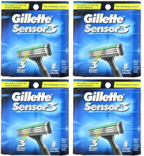32 GILLETTE SENSOR 3 RAZOR BLADES REFILL CARTRIDGES - 4 PACKS TOTAL BRAND NEW picture