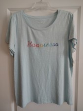 Talbots Light Blue Short  Sleeve Cotton Tee with Embroidered Happiness  1x NWT picture