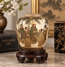 Antique Japanese Satsuma 4.5” Jar Vase Meiji Taisho Figural Bamboo Gilt Signed picture