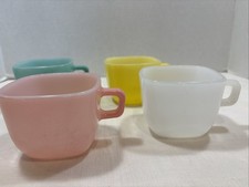 Lot Of 4 MCM Vintage Glasbake Pastel Square Stackable Coffee Cup Mug Glass 1950s picture
