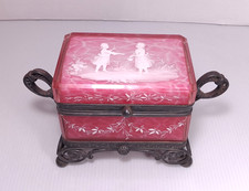 RARE Mary Gregory Victorian Pink Glass Jewelry Box Simpson Hall Silverplate picture