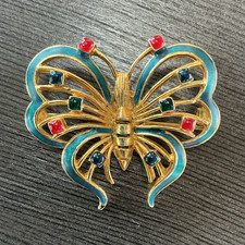 Coro Gold Tone Butterfly Brooch Enamel Glass Cabochons Blue Red Vintage picture