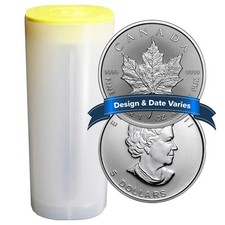 Roll of 25 - $5 Silver Canadian Maple Leaf 1 oz Random Year BU picture