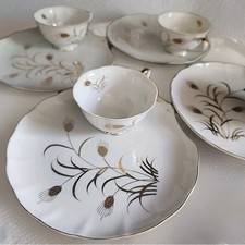 VINTAGE Lefton China Golden Wheat Snack Plates & Teacups Gold Trim Japan Set of8 picture