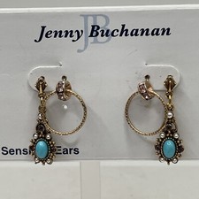 VTG.  Jenny Buchanan ~ Gold Tone Jeweled Turquoise Drop Pierced Hoop picture