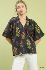 Umgee Black Floral Print Top  V- Neckline w/ Subtle Collar Detail  & Scallop Hem picture