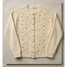 50-70's Vintage Hand Knitted Pure Wool Cardigan Embroidered Popcorn Knit England picture