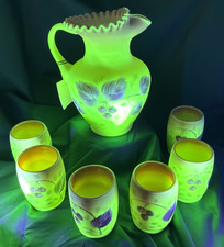 MINT     FENTON BURMESE PITCHER & 6 TUMBLERS ,URANIUM SET ,SIGNED,85TH ANIV. picture