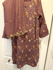 Handmade Women’s Pakistani Purple Floral Embroidered Chiffon Suit w/ Dupatta M picture