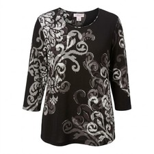 NEW Allison Daley Woman 2X Black Gray Damask Rhinestone 3/4 Sleeve Tunic Top picture