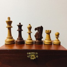 Vtg Wooden Rosewood Chess Set Pieces Boxed, 3 7/8