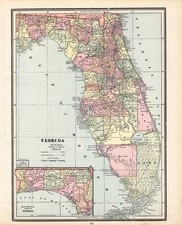 1890 Antique Florida Map Vintage George Cram Atlas Map of Florida 3225 picture