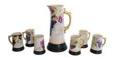 Antique 1898 Willets American Belleek Hand Painted Grapes Tankard Pitcher 6 Mugs picture