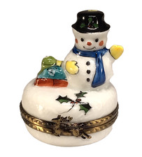 LIMOGES SNOWMAN TRINKET BOX - PEINT MAIN FRANCE - DEER CLASP - HOLLY INSIDE XLT picture