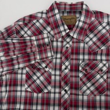 Wrangler Retro Western Shirt Mens XL Red White Plaid Pearl Snap Long Sleeve picture