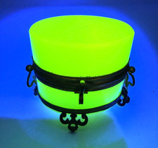 Antique 1880 French Opaline Glass Apple Green Oval Double Handle Bronze Box picture