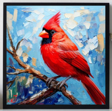 ORIGINAL Oil Textured PAINTING on Canvas  Red Cardinal Art 12x12 in Custom Order picture