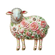 Vintage Pink Sheep Brooch Rhinestone Enamel Floral Animal Pin Gold Jewelry Gift picture