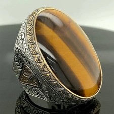 Men Tiger Eye Ring Large 925 Sterling Silver Ottoman Turkish Handmade Signet picture